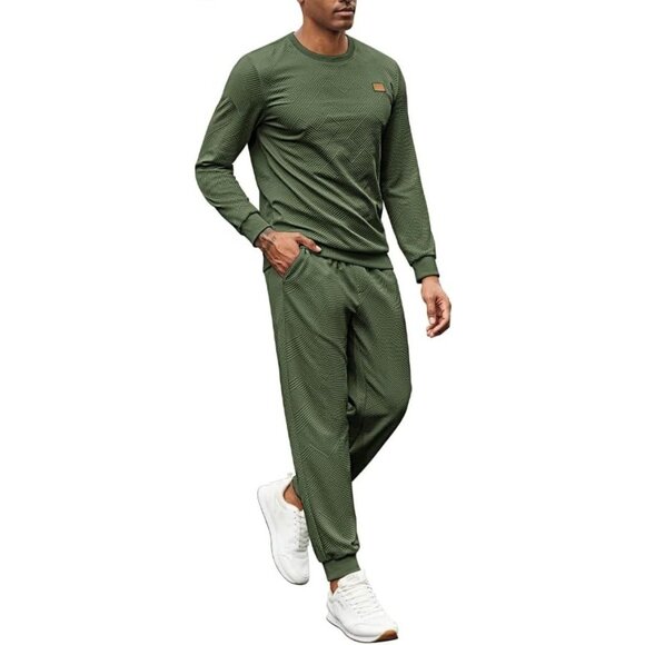 Men's 2 Piece Sweat suit Jogging Suit Sets Long Sleeve Jacquard Shirt Army Green - Picture 3 of 5